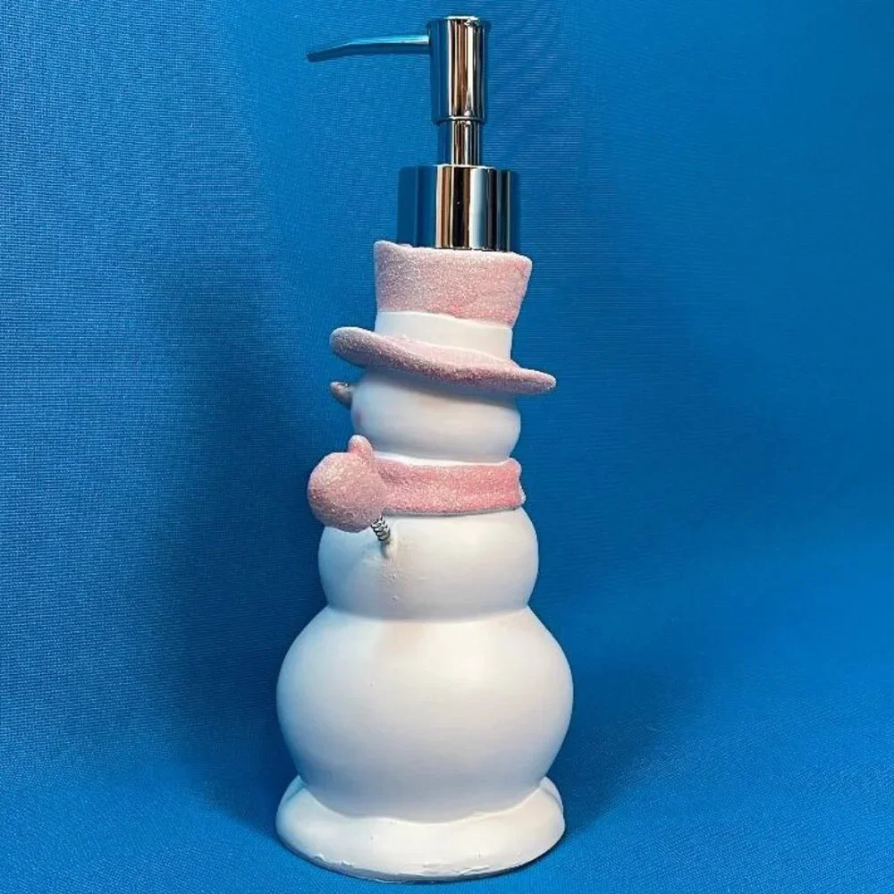 NEW ADORABLE SNOWMAN SOAP / LOTION PUMP DISPENSER WHITE & PINK GLITTER SPARKLE